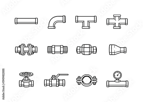 Mechanical piping system: straight pipe tube, elbow pipe bend, tee pipe branch fitting, cross pipe connector, flange plate joint, threaded pipe coupling, union pipe connector