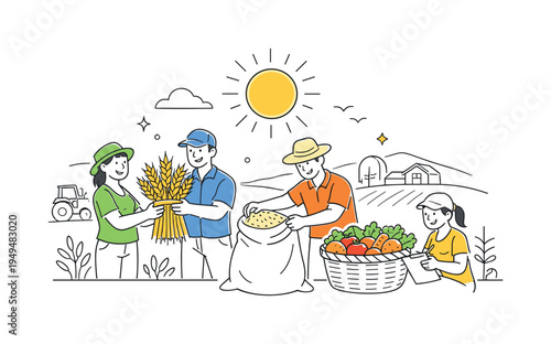 A modern agriculture productivity scene where farmers collaborate to gather crops and manage the harvest efficiently in a rural landscape, expressed through a clear visual metaphor