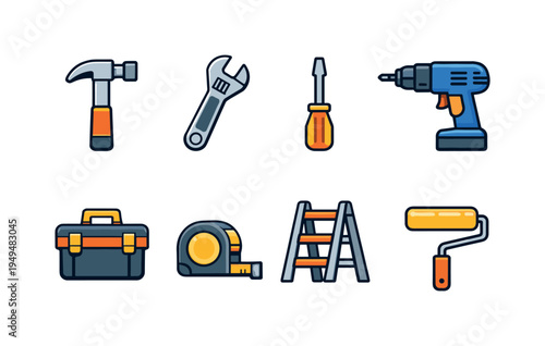 Home repair tools: hammer, adjustable wrench, screwdriver, electric drill, toolbox case, measuring tape, ladder, paint roller