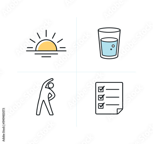 Healthy morning routine and energized daily start supporting balanced lifestyle habits where individuals wake refreshed, hydrate, move their body, and plan the day with positive