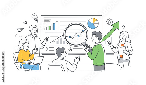 A business data analytics scene where a small team reviews digital performance and interprets insights together in a collaborative workspace, using a clear visual metaphor of a