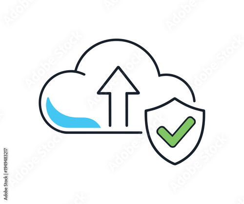 Secure digital backup and reliable protection of important files in modern cloud infrastructure, a cloud symbol paired with a small shield and an upward arrow forming a simple