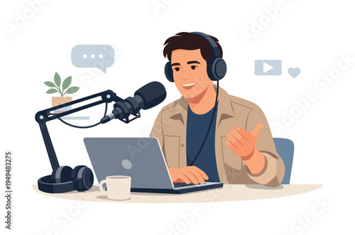 A modern podcast production scene where a creator records an audio episode for an online audience in a small studio workspace, represented with a microphone on a stand, a pair of