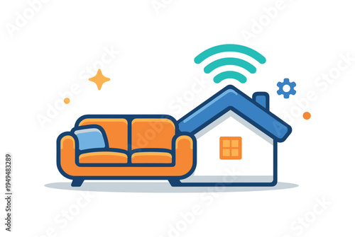 Smart home living environment focused on connected technology improving everyday comfort and efficiency, a modern sofa beside a small house icon with a wireless signal forming a