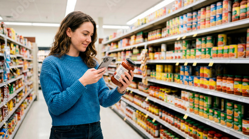 Woman checks product details on her phone while holding a jar in a grocery store aisle during daytime shopping for dinner ingredients