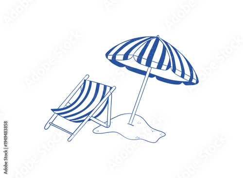 Beach chair and umbrella hand drawn monochrome illustration for posters, banners, prints, cards, signs, stickers, etc
