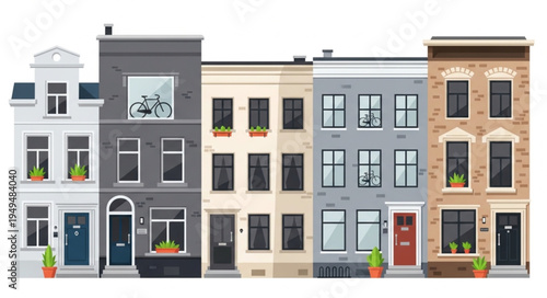 Row of colorful diverse townhouses with windows and doors.