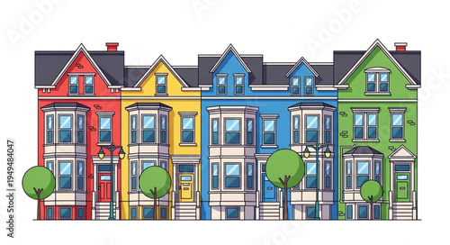 Colorful Row Houses in a Line.