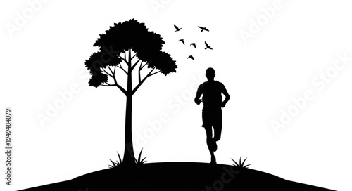 Silhouette of a man running next to a tree with birds flying.