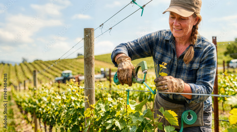 Obraz premium Female farm worker tying grapevines to a wire trellis in a vineyard. Woman working with tying tool in agricultural field. Viticulture and farming labor concept