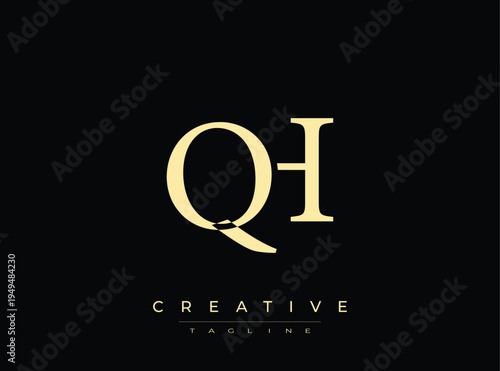 QH logo design template with creative tagline in gold color