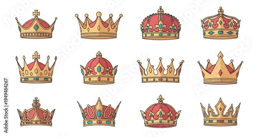 Collection of Twelve Ornate Royal Crowns Isolated on White Background.
