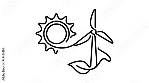 Simple black line art icon illustrating the interconnected concepts of solar energy, wind power generation, and natural environmental sustainability concepts.