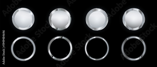 Silver medal award, Realistic 3d platinum award badges set, Circle frame silver, Luxury round blank shiny metal chrome buttons with glare