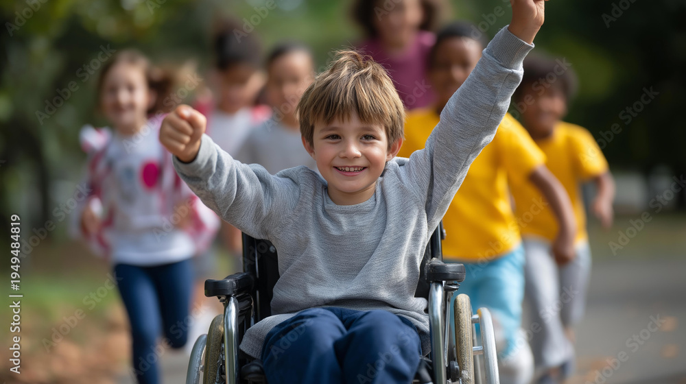 Obraz premium Young boy in a wheelchair with arms raised smiling, diverse group of children running alongside in a park, inclusive outdoor activity and friendship concept, defocused background,