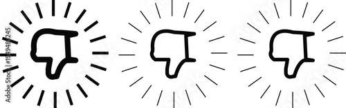 Set of 3 Hand-Drawn Dislike Thumbs Down Icons Vector with Radial Lines, Perfect for Social Media Feedback, Negative Ratings, and User Interface Design