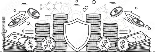 Vector illustration of a shield surrounded by stacks of coins and dollar bills on transparent background