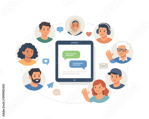 A friendly digital community representation scene illustrating diverse users communicating through simplified identity icons, represented by a group of doodle style face avatars