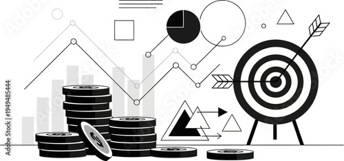 Financial targets and investments vector illustration with coins, graphs on transparent background