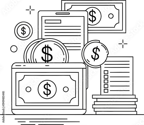 Vector illustration of various dollar bills and coins with documents on transparent background