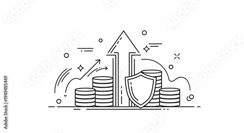 Vector illustration of increasing financial growth with coins shield and upward arrow on transparent background