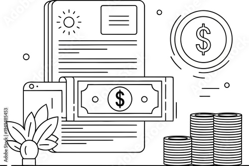 Vector graphic illustration of money and financial documents with dollar bill and coins on transparent background