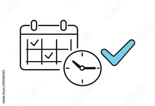 Online appointment scheduling and organized time planning in a modern service environment, a calendar page beside a small clock and a checkmark forming a simple scene representing