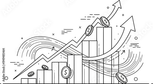 Financial growth chart with coins and arrows indicating increasing profit on transparent background