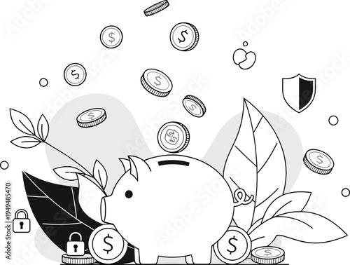 Piggy bank with coins and leaves growing out of it surrounded by floating coins and security symbols on transparent background