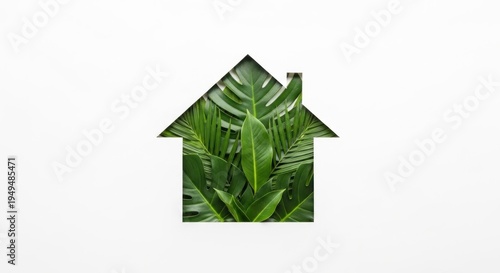 A house-shaped icon with a lush green leafy plant inside