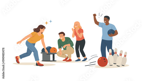 A casual bowling alley recreation scene where friends enjoy a relaxed game during a social evening activity, represented with doodle style bowling pins, a bowling ball, and simple