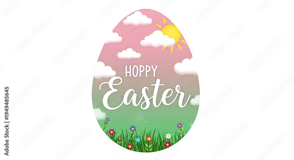 Obraz premium Vibrant easter egg graphic with 'happy easter' text on pastel cloudy background with floral grass