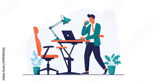 Businessman working at a modern standing desk with a laptop and drinking coffee in a professional office environment.