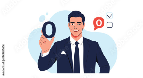 Confident businessman in a dark suit holding a zero symbol or circular sign representing a target or completion.