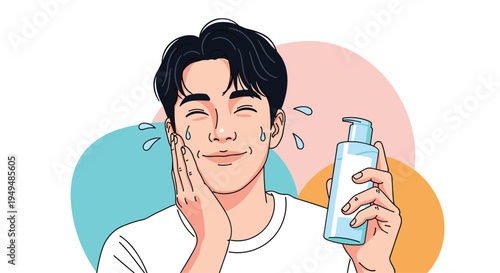 Happy young man with a wet face using a skincare bottle for face wash or moisturizer for his beauty routine.