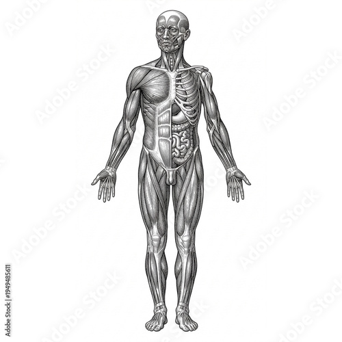 Man. Male Human Anatomy Diagram Muscular Skeletal and Internal Organs Split View