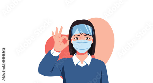 Healthcare worker in a medical mask and head cover giving an okay sign for safety and health protocol standards.
