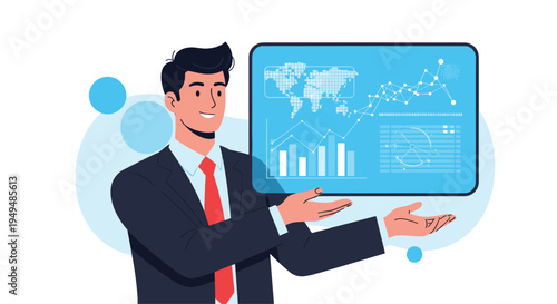 Professional man in a suit presenting global business data and charts on a digital screen for advanced analysis.