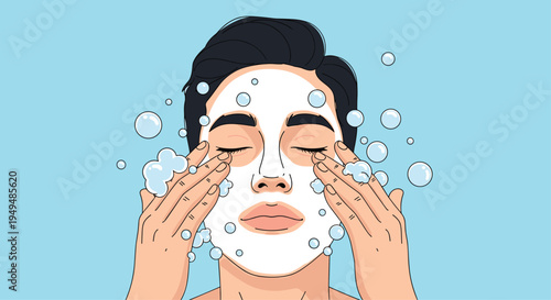 Person washing their face with cleansing foam and bubbles for deep cleaning and their skincare routine concept.