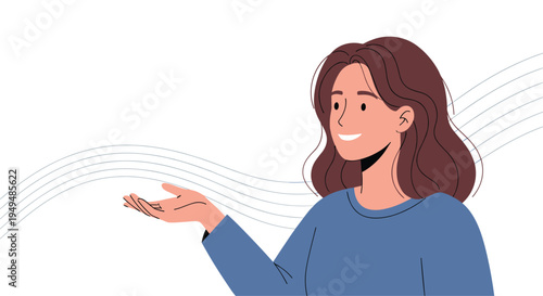 Smiling woman with long hair gesturing with her hand as if she is presenting something or explaining a new idea.