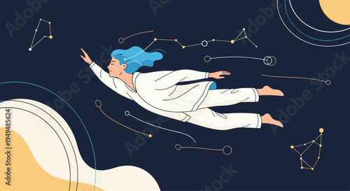 Woman in pajamas flying or floating in space among stars and constellations representing dreams and deep sleep.