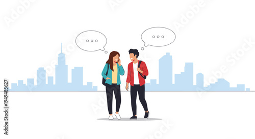Two students with backpacks talking to each other on a street with a city skyline in the distant background.