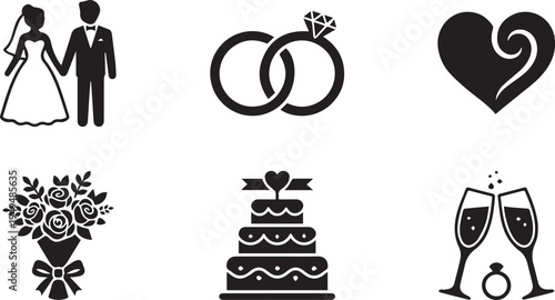 Wedding Icon Set Silhouette Bride Groom Rings Cake Champagne and Heart Symbols