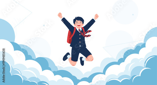 Happy schoolboy in uniform with a red backpack jumping for joy in a cloudy blue sky for great school success.