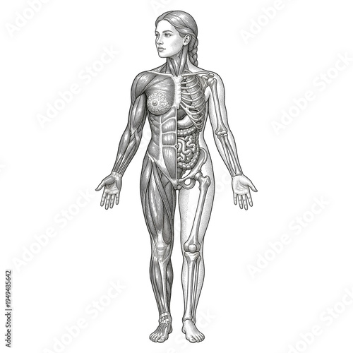 Woman. Female  Human Anatomy Diagram Muscular Skeletal and Internal Organs Split View