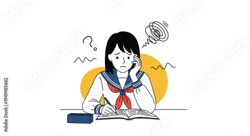 Stressed and confused schoolgirl sitting at a desk and struggling with her school studies or difficult homework.