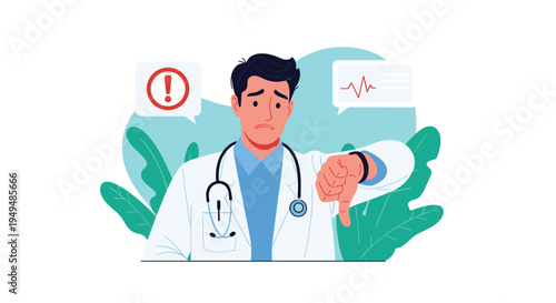 Concerned male doctor giving a thumbs down sign with medical icons on the background for some bad health news.