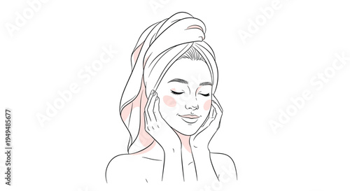 Beautiful woman with a towel on her head touching her face for a skincare or beauty routine on a white background.