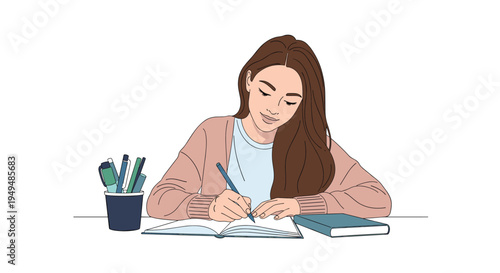 Young woman with long brown hair sitting at a desk and writing in a notebook for her study or work project concept.