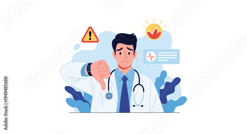Concerned male doctor character in a white coat shows a thumbs down gesture while surrounded by medical warning icons and symptoms.